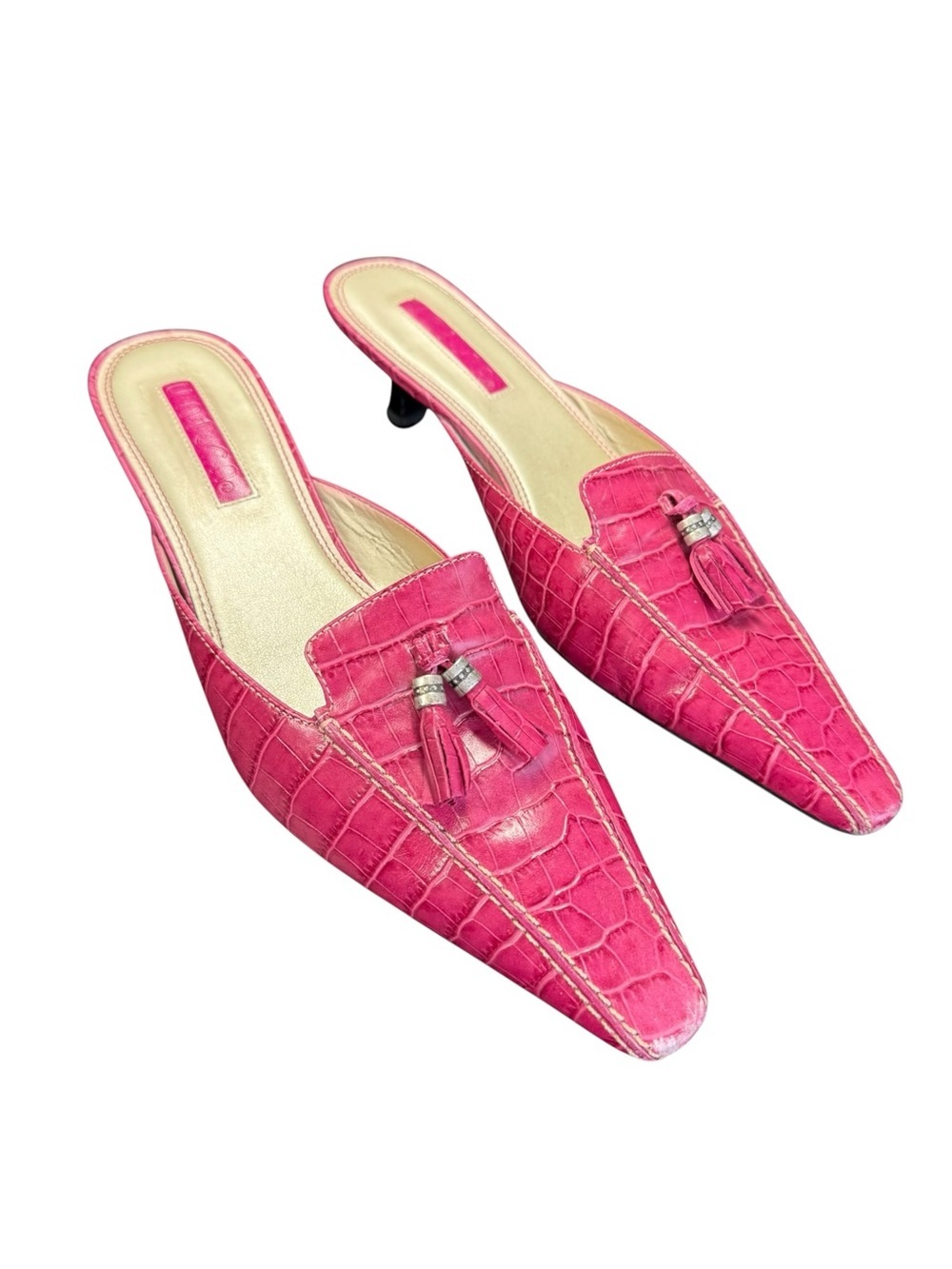 Unisa Hot Pink Playa Croc Leather Tassel Pointed Toe Kitten Heel Mules Size 7